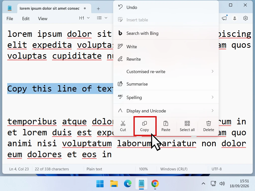 Right-click menu showing the Copy option for selected text