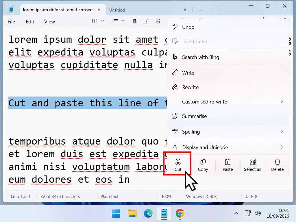 Right-click context menu with the Cut option selected