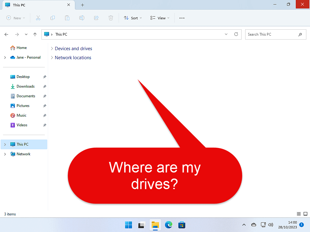 Devices and Drives section of File Explorer is closed.