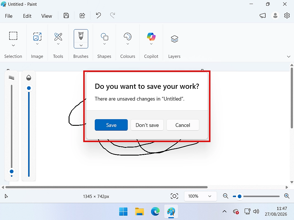 The Paint dialog box asking Do you want to save your work, with Save, Don’t Save and Cancel buttons.