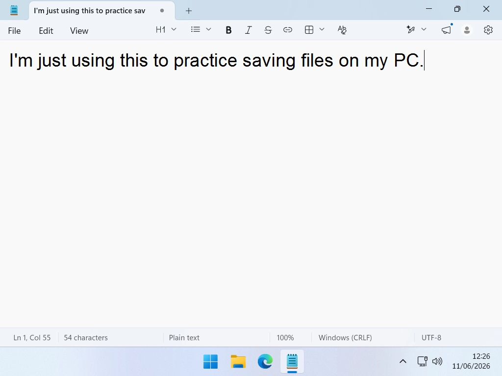 Example save file A line of text typed into Notepad to use as practice for saving files.