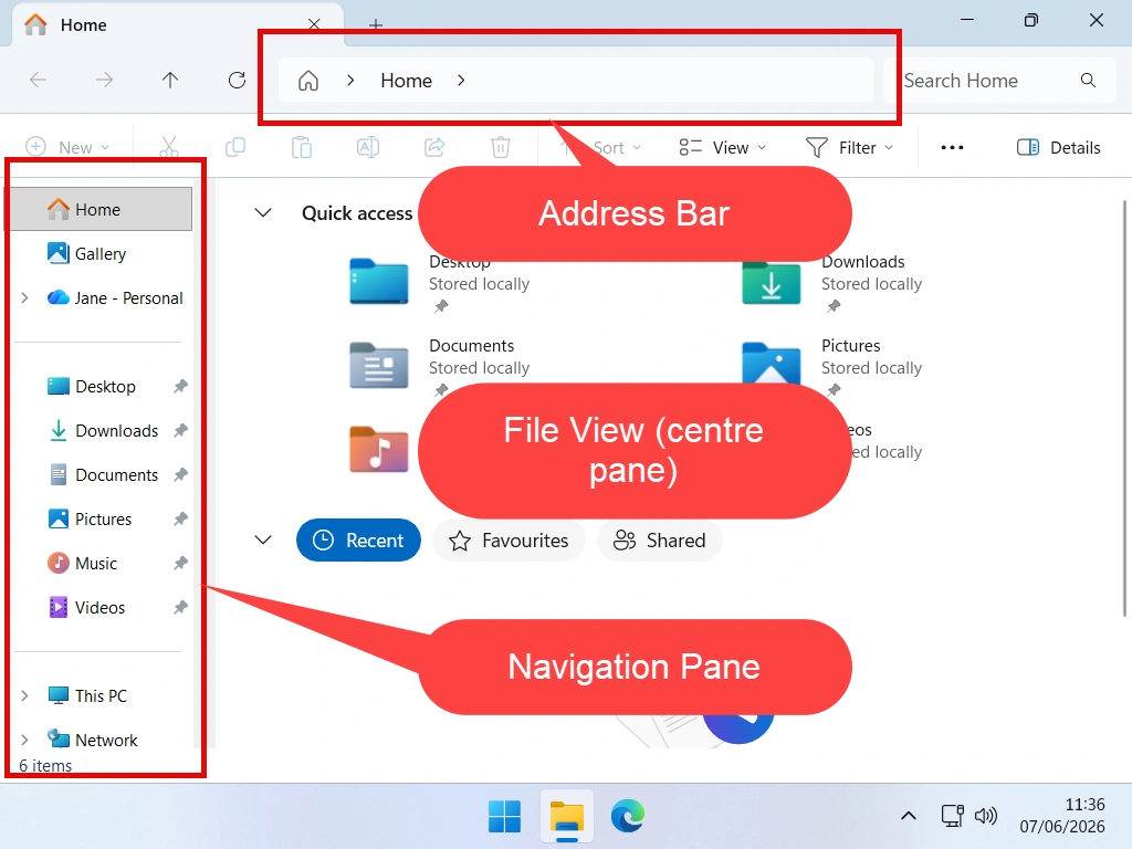 File Explorer window key areas Address bar, File View area and Navigation panel indicated in Windows File Explorer.