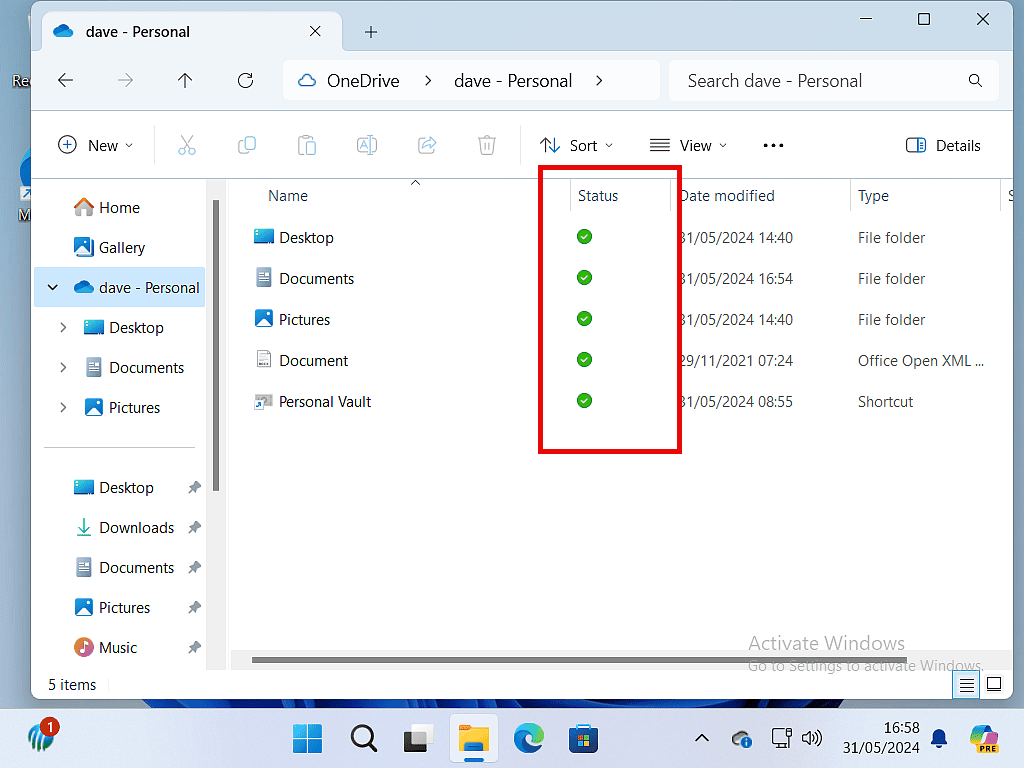 OneDrive status icons are all Solid green circles with white checkmark.