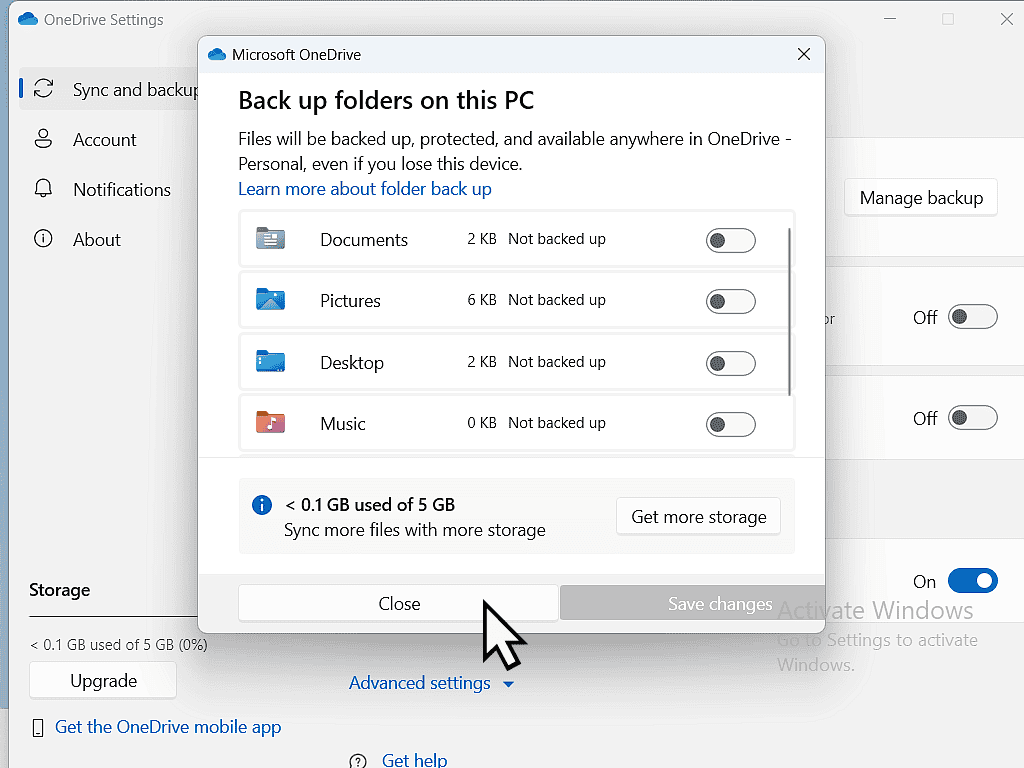 OneDrive backup for all the folders are is turned off. The Close button is indicated.