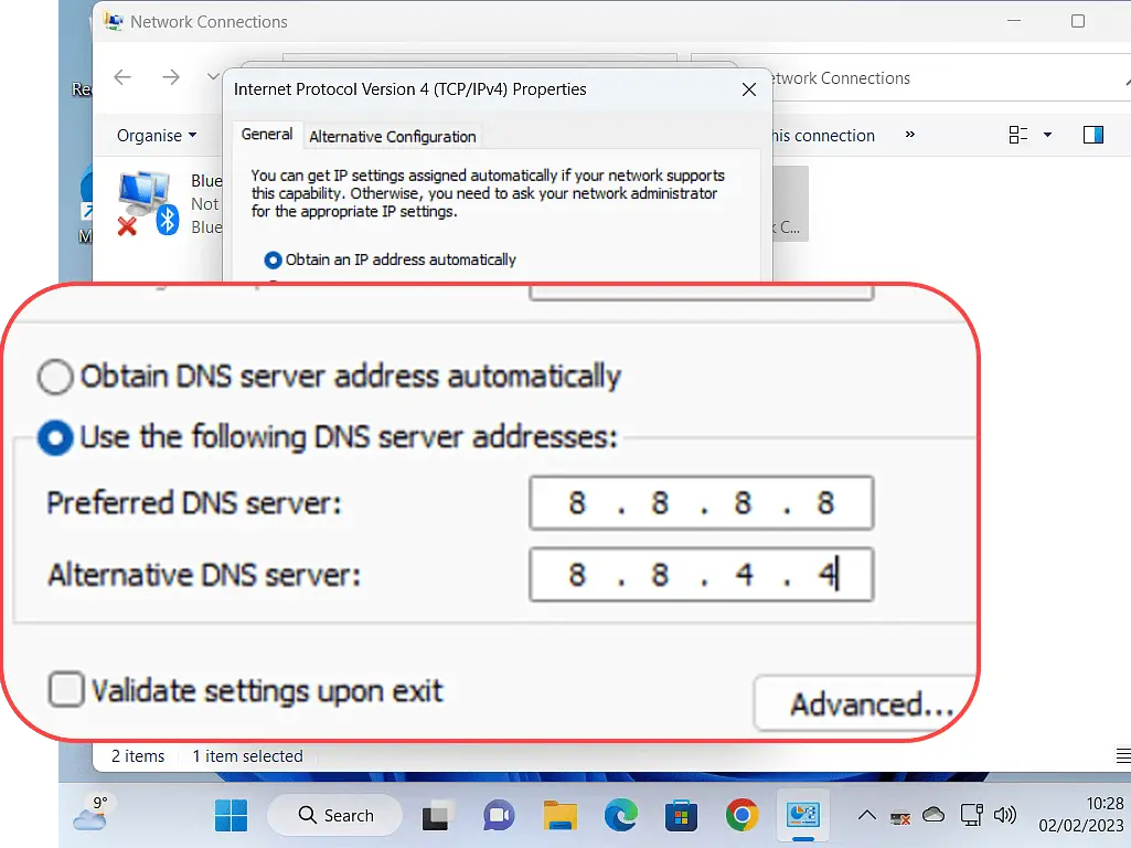 8.8.8.8 and 8.8.4.4 entered into DNS server address fields.