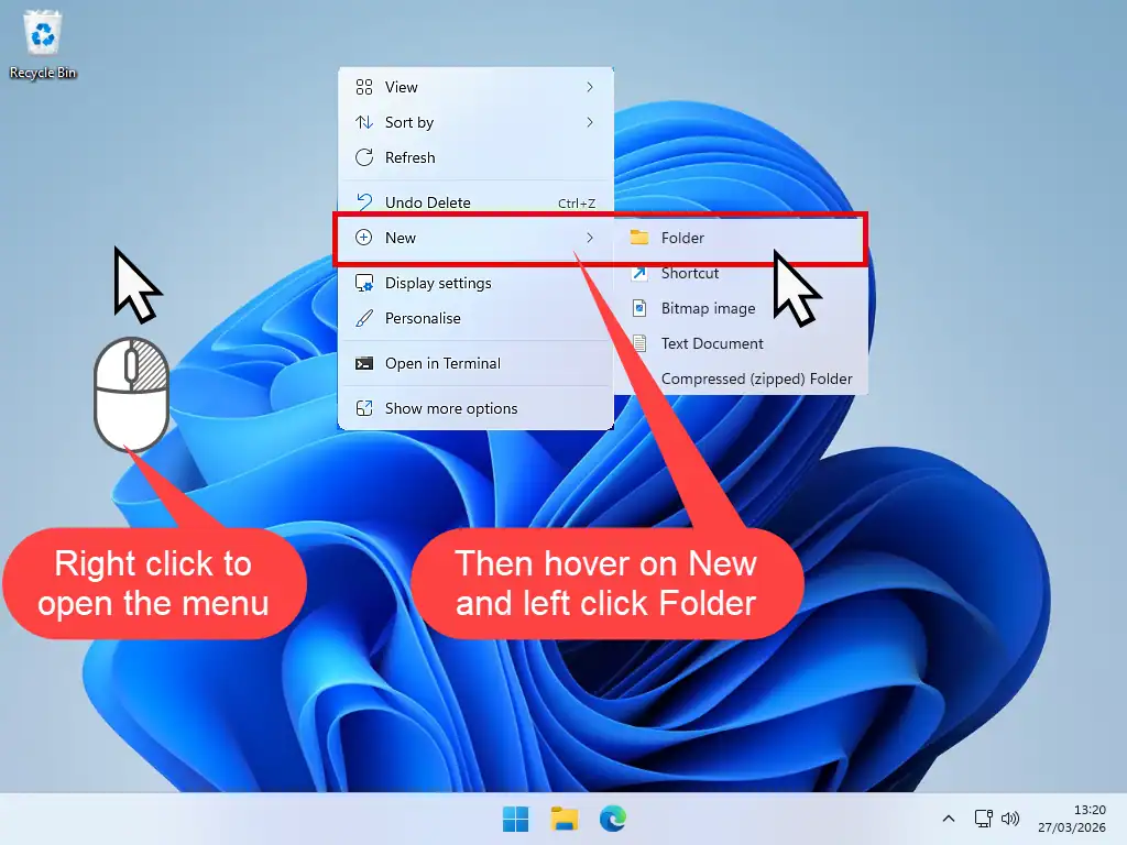 How to create a new folder in Windows 10 and 11 Right-click context menu showing New > Folder option (Windows 10 / Windows 11)