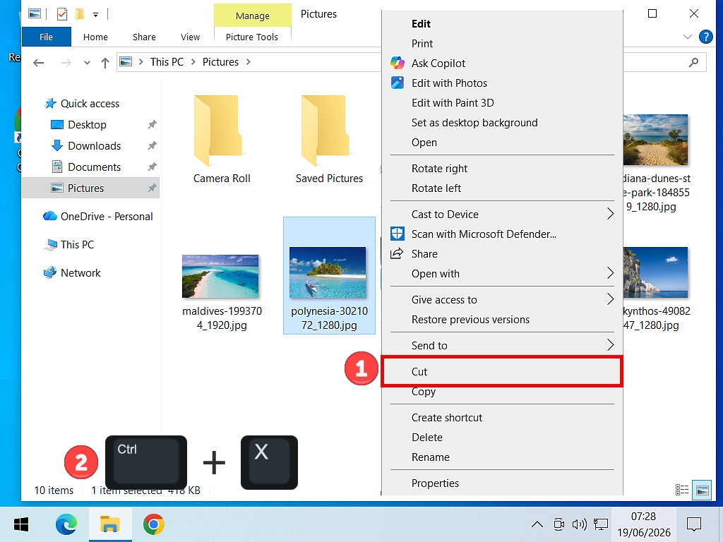How to cut a file in Windows 10 Cut highlighted on Windows 10 options menu.