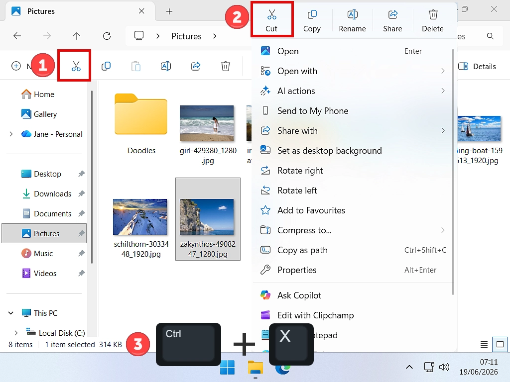 How to cut a file in Windows 11 Cut icon in Windows 11.