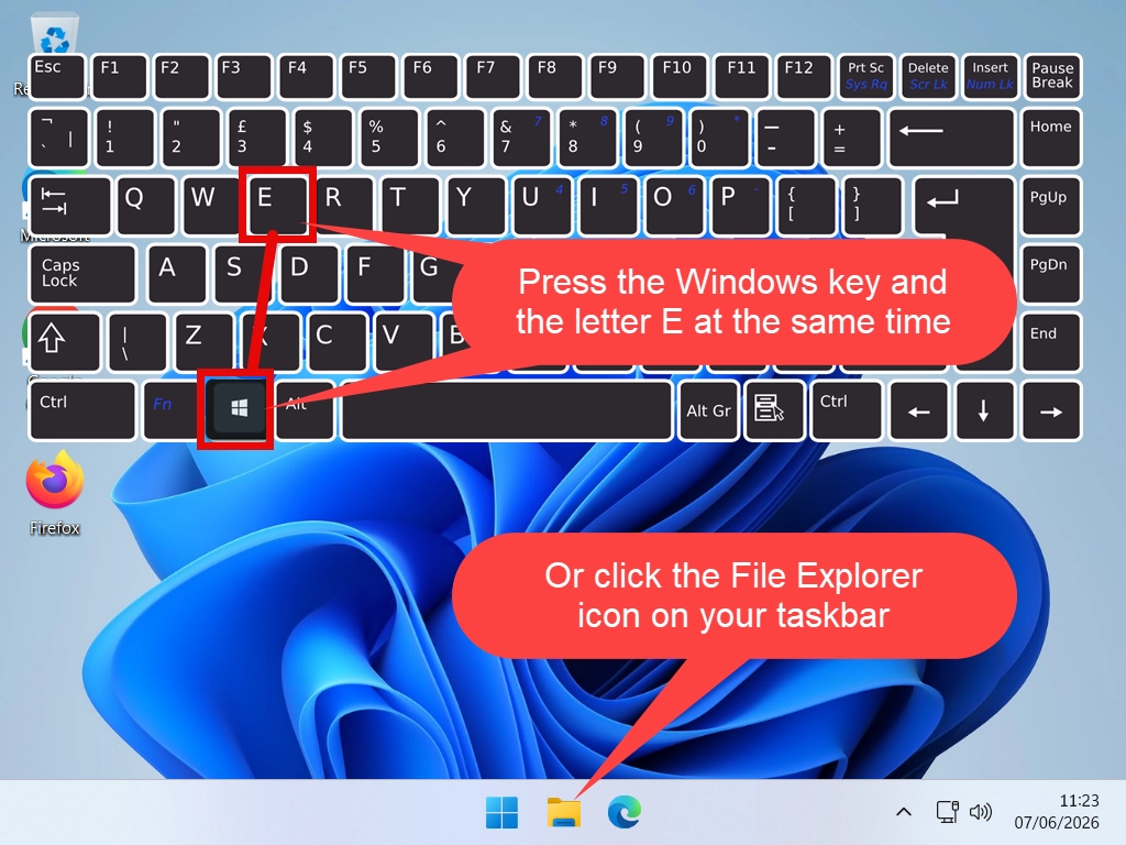 How to open Windows File Explorer How to open File Explorer using a keyboard and the icon on the taskbar.