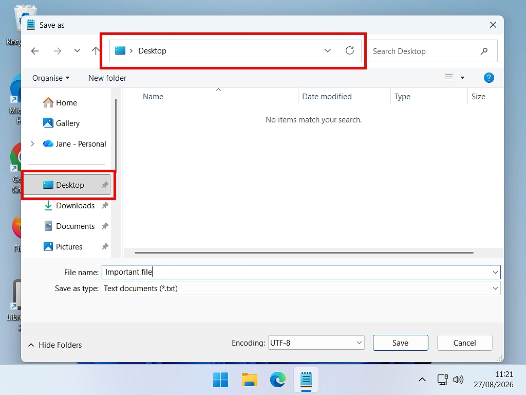 The Save As window with Desktop selected in the left hand navigation panel.