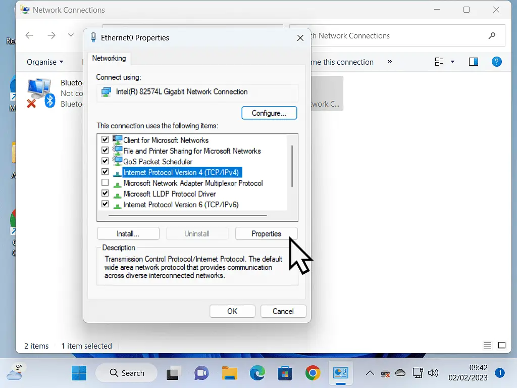 Internet Protocol Version 4 (TCP/IPv4) has been selected and the Properties button is marked.