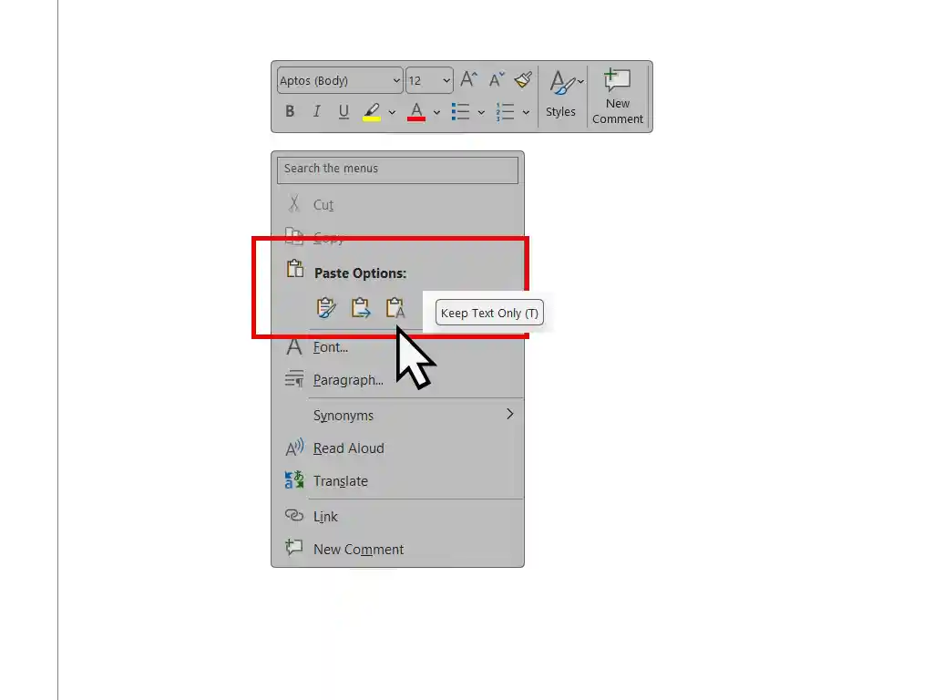 Keep text only option-MS Word Pasting text into Word document. "Keep text only" option highlighted.