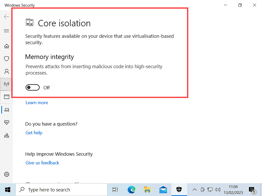 After restarting PC, Memory Integrity (Core Isolation) is still disabled.