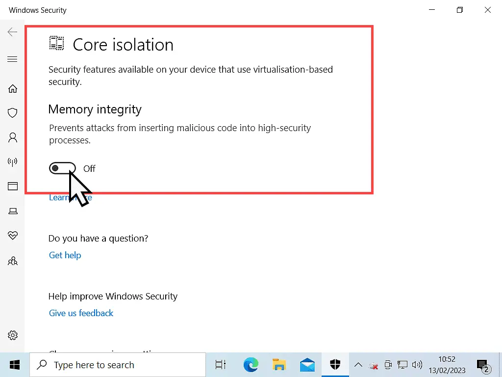 Memory integrity toggle switch is marked in Windows 10.