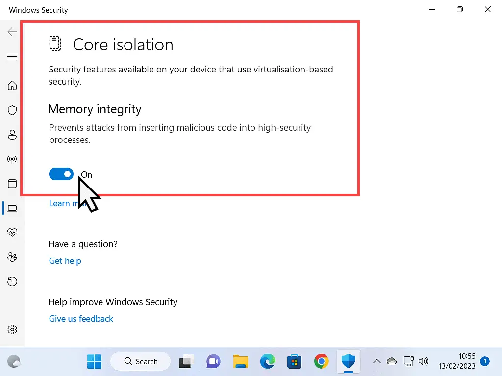 Memory integrity toggle switch is marked in Windows 11.