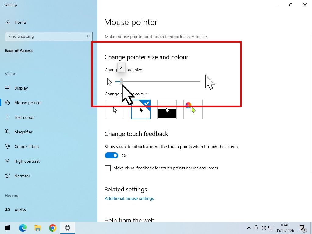 Mouse cursor size in Windows 10 Using the pinter size slider in Windows 10 to make the pointer larger.