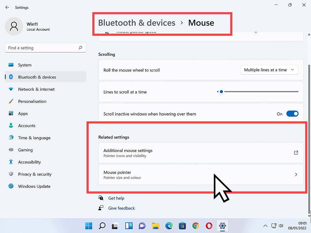 Mouse pointer size option is marked in Windows 11.