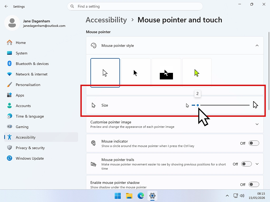 Mouse pointer size in Windows 11 Moving the cursor size slider button to the right to increase the pointer size.