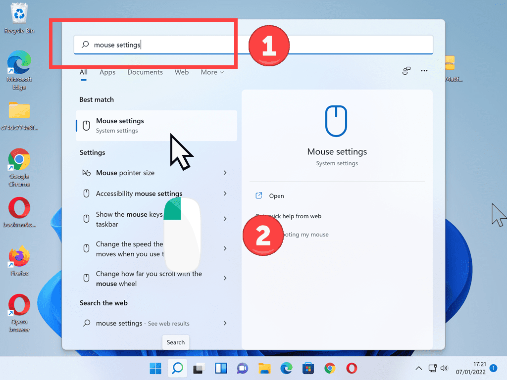 Mouse settings indicated in the Windows 11 Start menu.