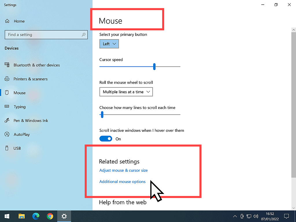 Additional mouse options indicated in Windows 10.