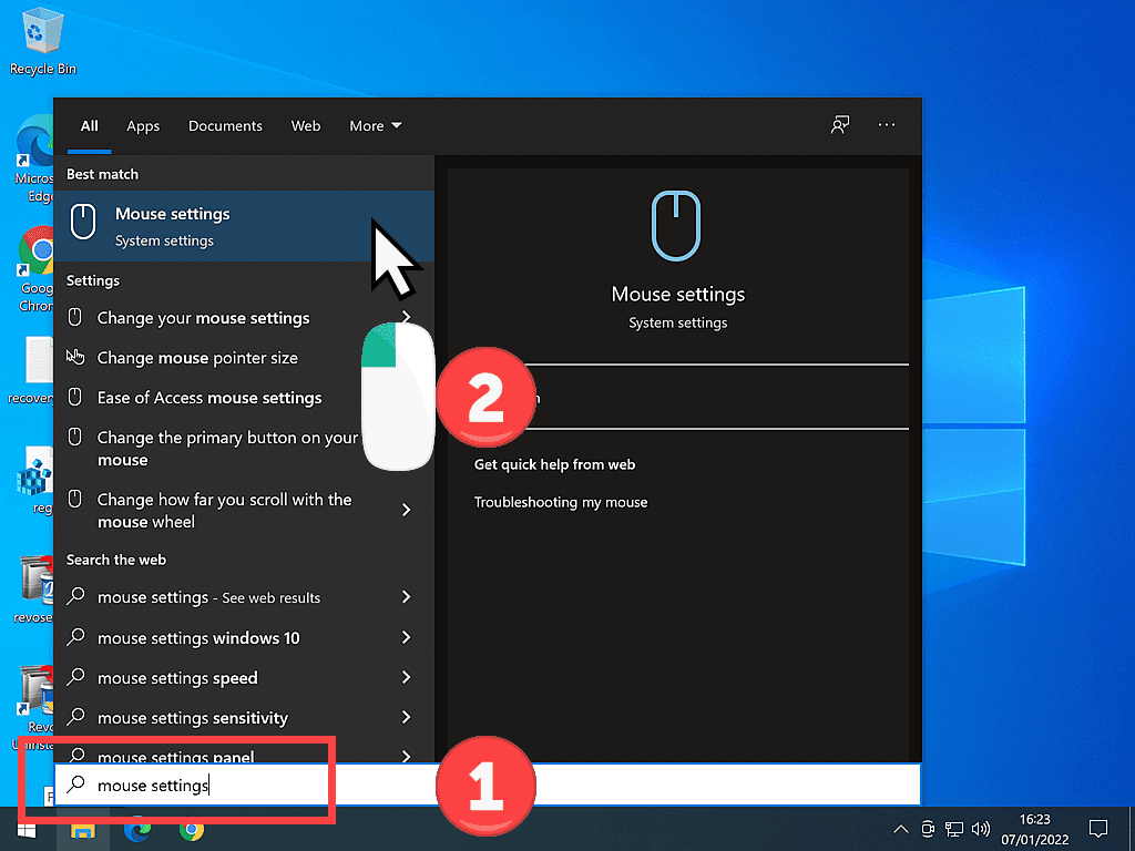 Mouse settings indicated on Windows 10 Start menu.