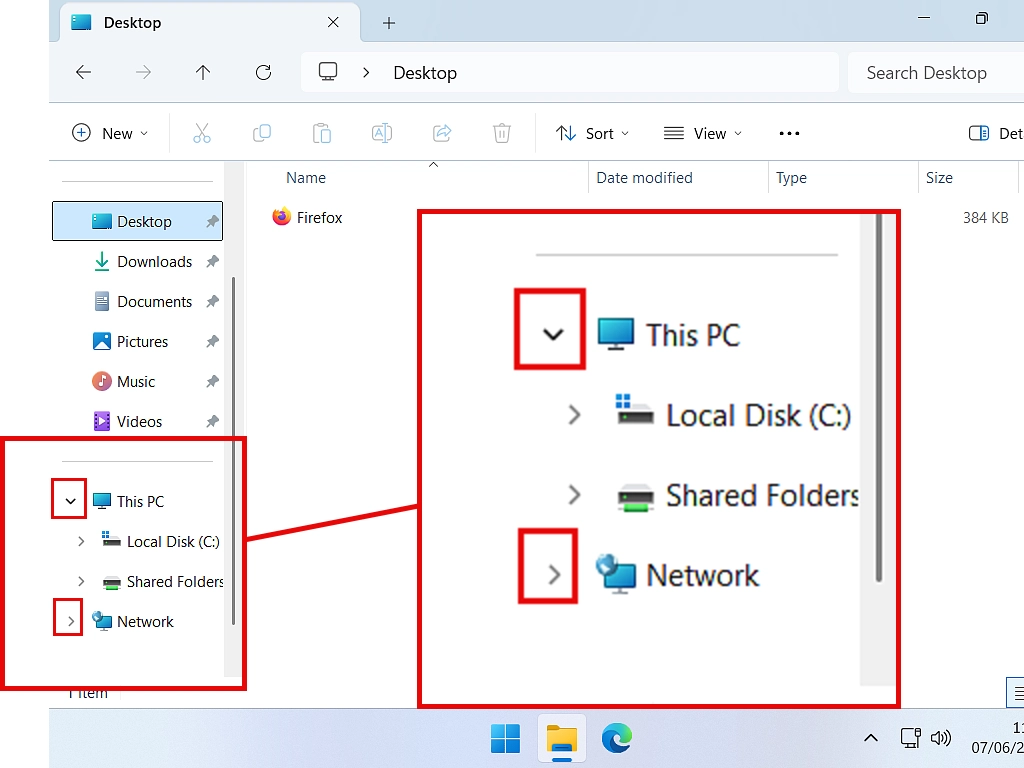 Navigation pane Expand and collapse arrowheads highlighted in File Explorer navigation panel.
