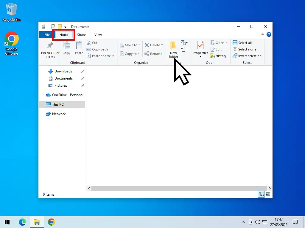 New folder Windows 10 Home tab ribbon (Windows 10)