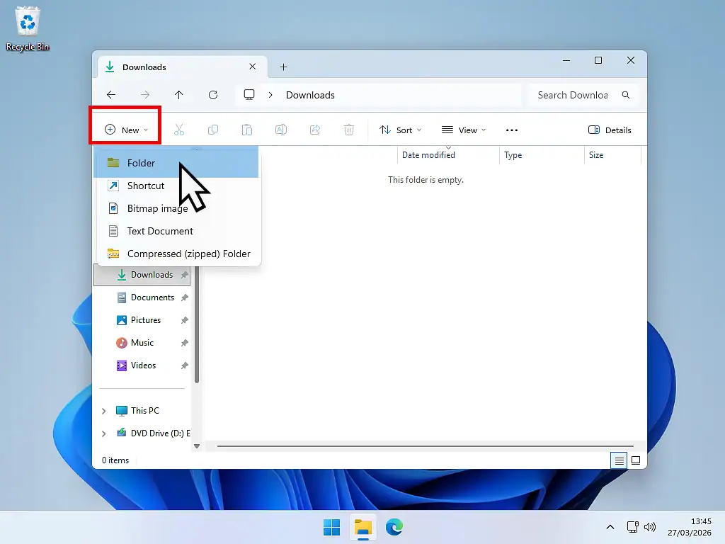 New folder Windows 11 File Explorer toolbar with "New" button highlighted (Windows 11)