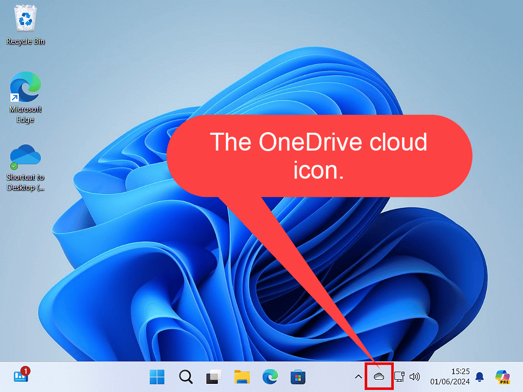 Click the OneDrive cloud icon on your taskbar. If you can’t see the cloud icon it may be in the Hidden Icons area. Click the Show Hidden icons arrowhead (the upward facing arrowhead). Then click the cloud icon.