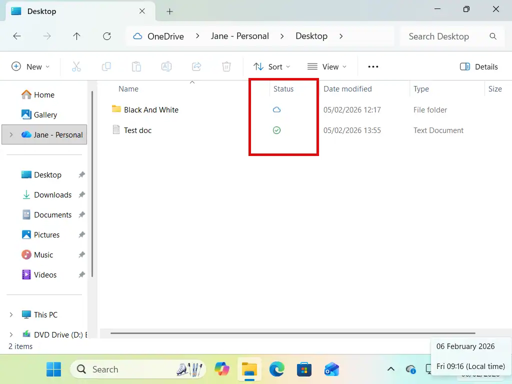 OneDrive file status Blue cloud icon beside a file in File Explorer.