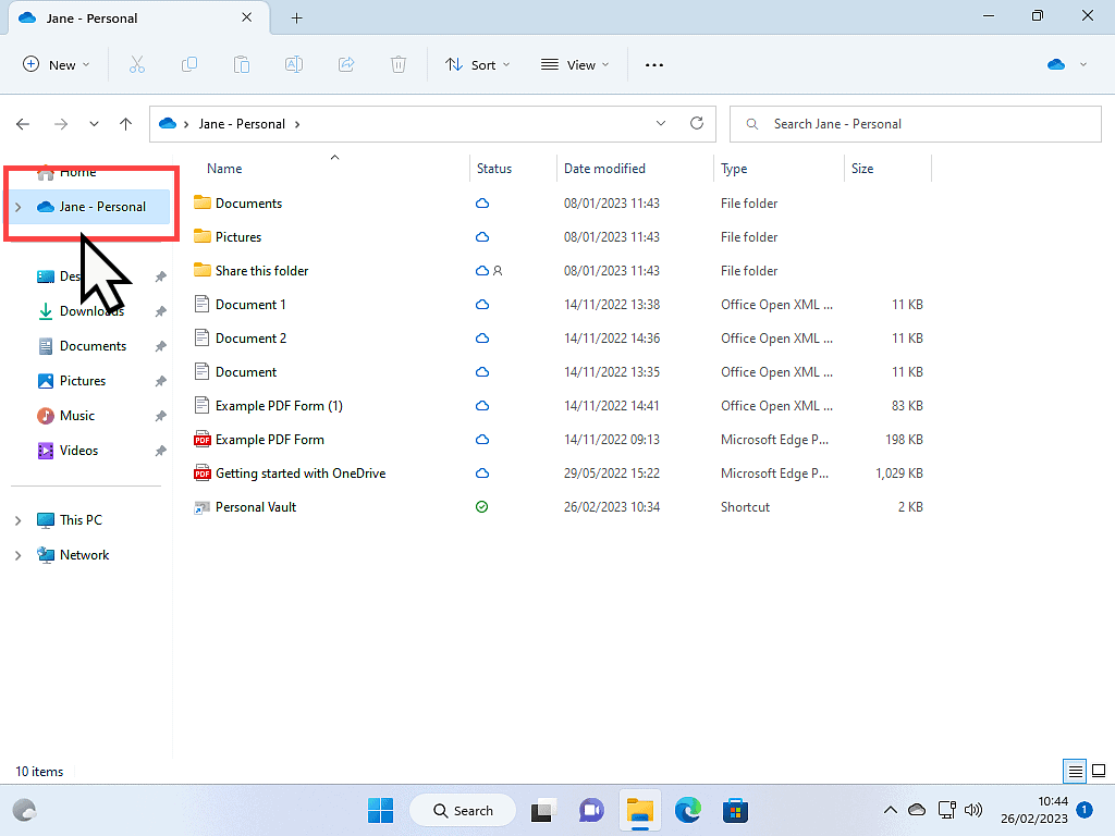 OneDrive folder open in Windows 11. Synced files and folders are shown.