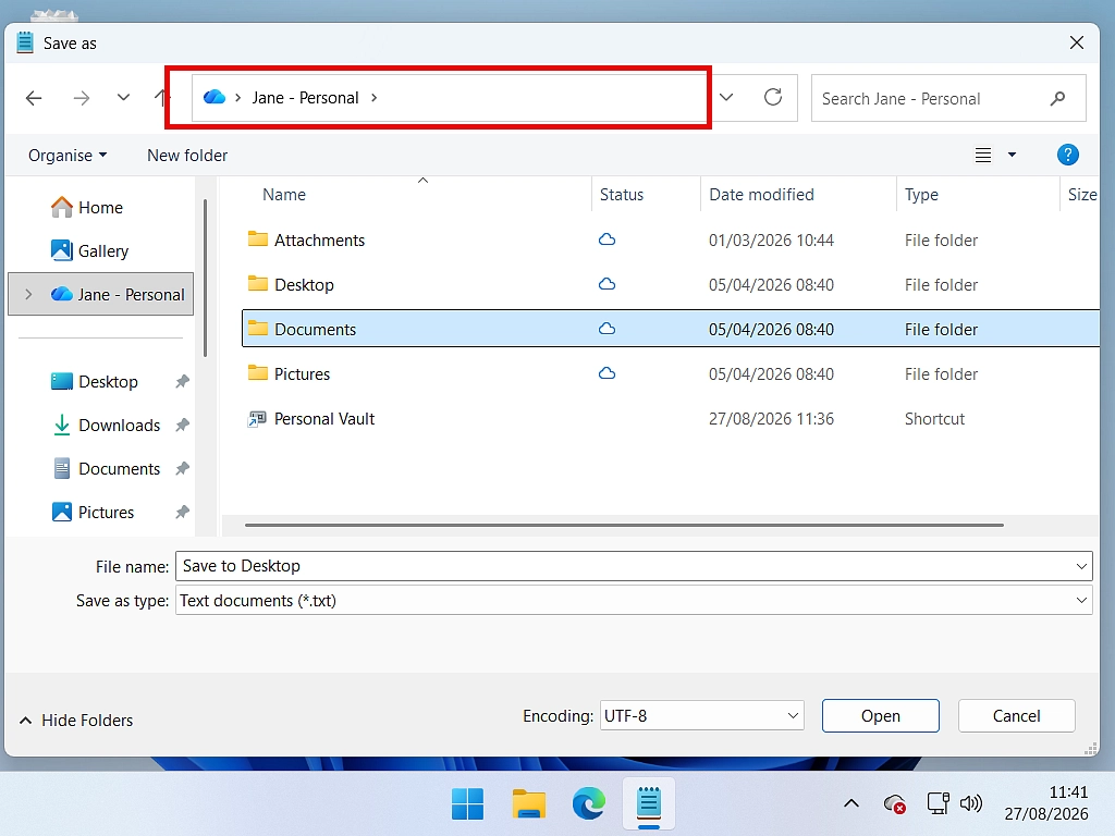 The Save As window navigation panel showing OneDrive.