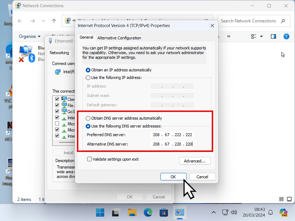 Open DNS server addresses entered.