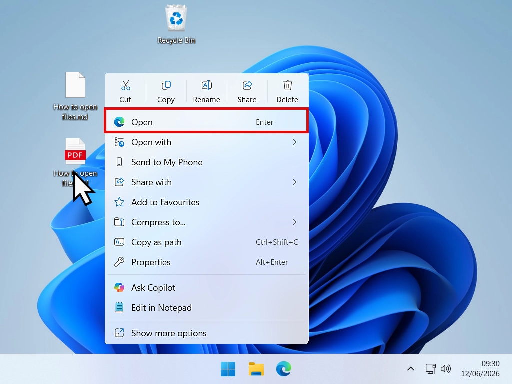 Open a file from right click menu Open option highlighted on file context menu.
