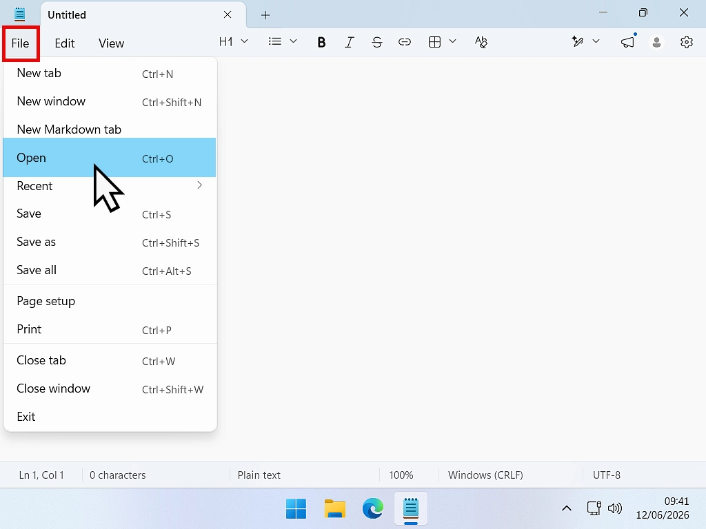 Open a file from the File menu in a program Open a file from the File menu in a program