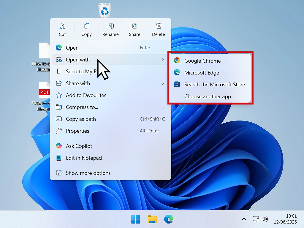 Open a file in a different program Open With option.