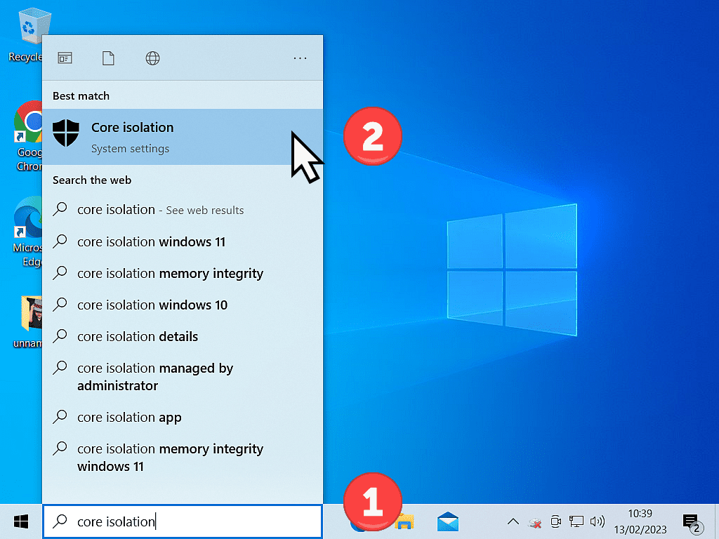 Windows 10 Start menu open. Core isolation has been typed into search box and is highlighted on search results.