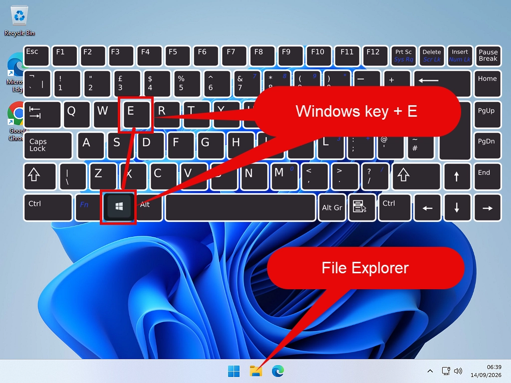 Opening File Explorer Windows 11 The File Explorer folder icon marked on the Windows 11 taskbar, with the Windows key and the letter E marked on a keyboard.