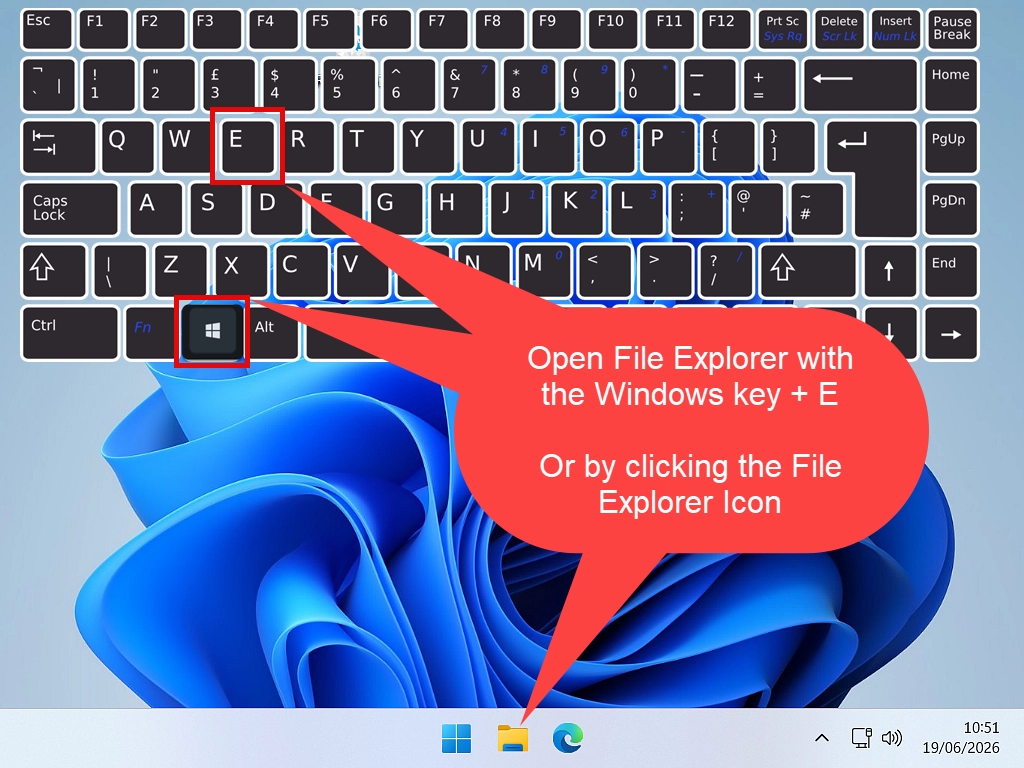 Opening File Explorer on Windows 11 File Explorer icon indicated on Windows 10 taskbar. Also, a keyboard shown with Windows key and letter E marked.