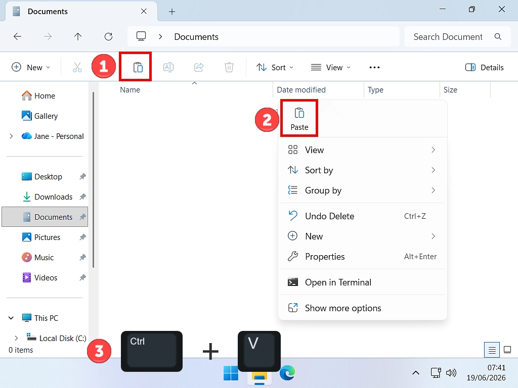 Paste file in Windows 11 Paste symbol in Windows 11.