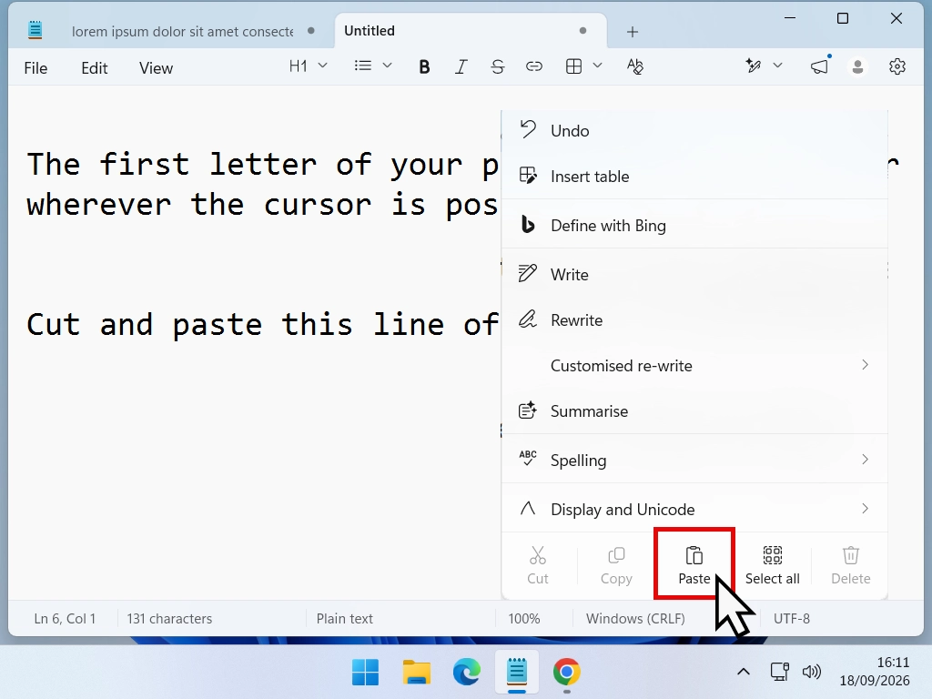 Cut text being pasted into its new position in a document.