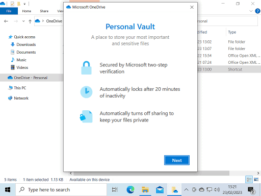 Personal Vault screen from Onedrive.