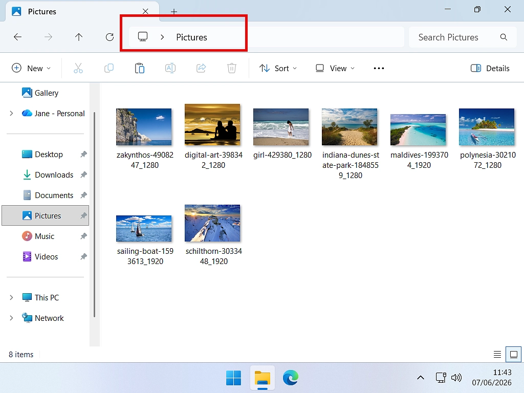 Pictures folder open in File Explorer The address bar is highlighted showing the current folder (Pictures).