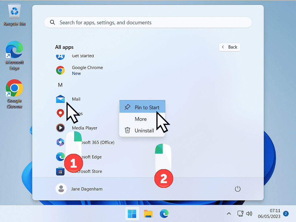 Pin to Start from All Apps list in Windows 11.