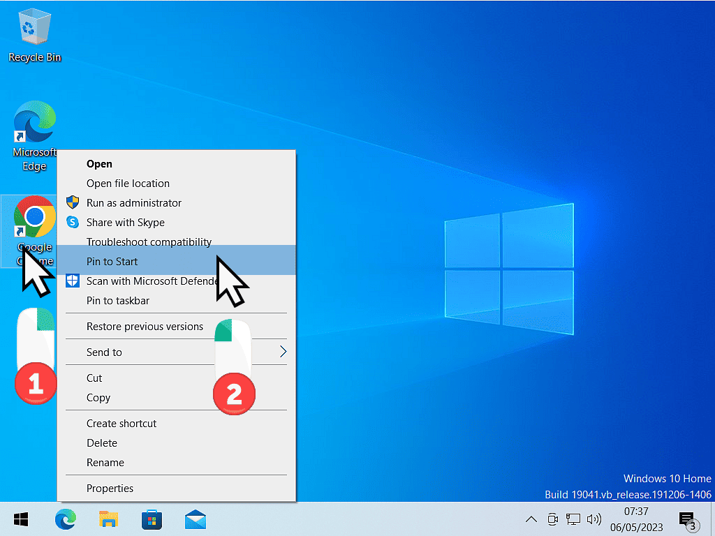 Pinning a desktop shortcut in Windows 10.
