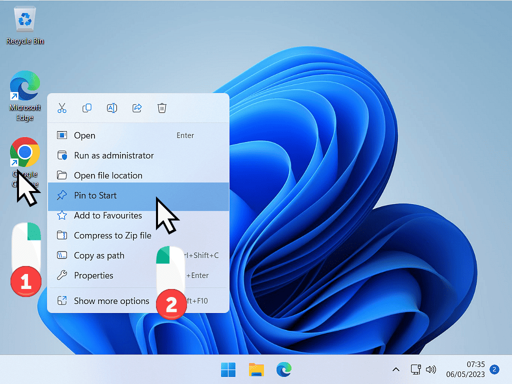 Pin a desktop shortcut in Windows 11.