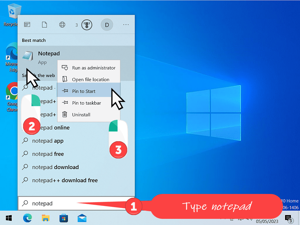 Searching for Notepad app in Windows 10 Start menu.