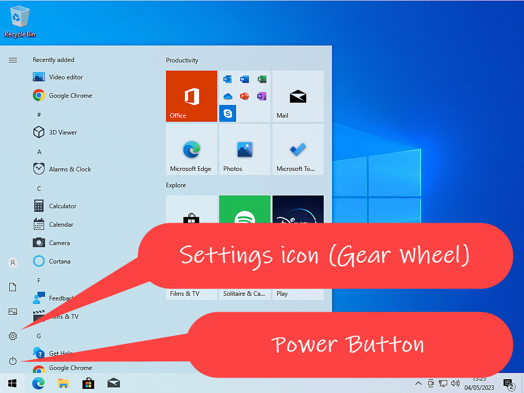 Settings icon and Power button indicated on Windows 10 Start menu.