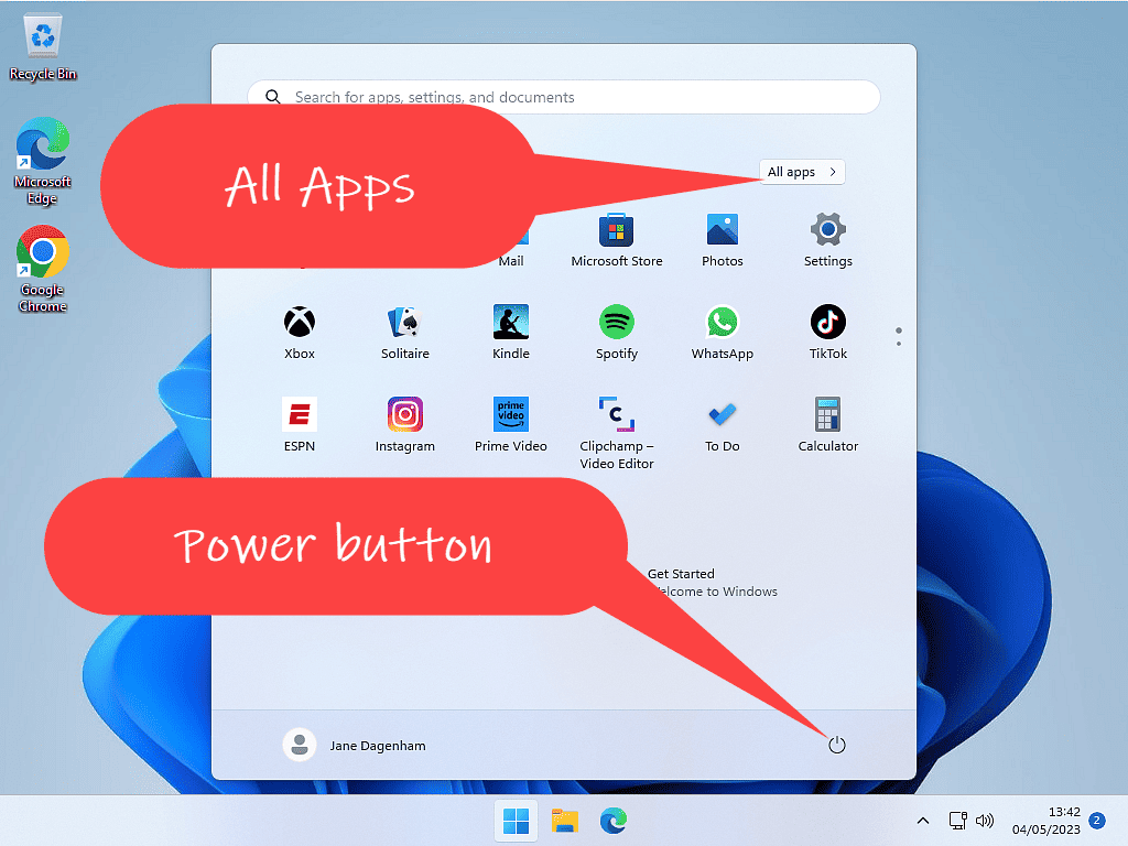The All Apps and power buttons are marked in Windows 11.