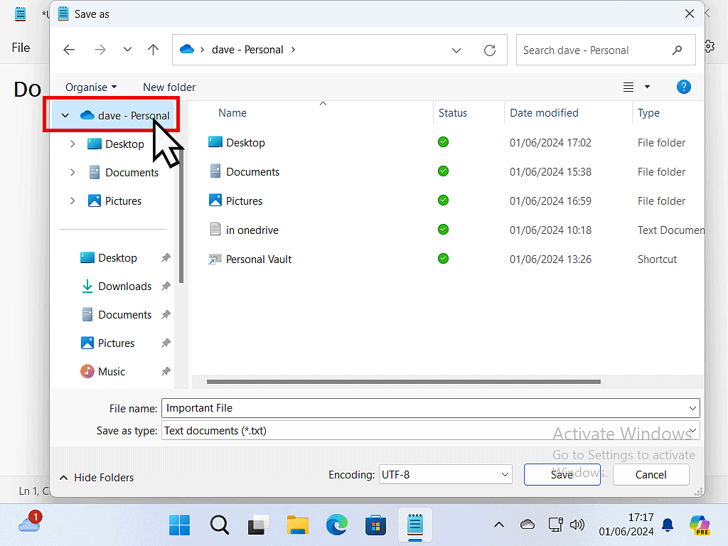 Save As window open. The OneDrive folder is being clicked.